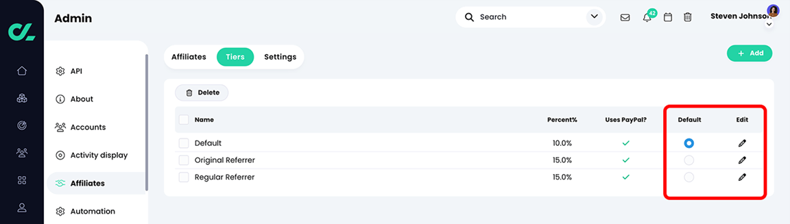 Admin, Affiliates, Tiers tab with three tiers and the Default and Edit columns highlighted