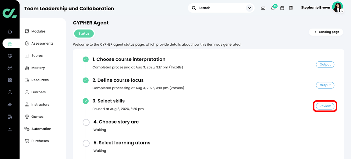 CYPHER Agent status page with the Review button highlighted in the Select skills section