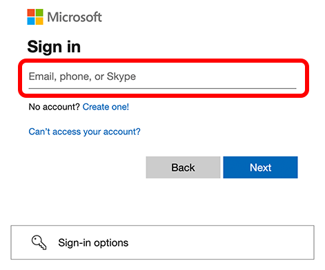 Microsoft Sign in pop-up with the Email, phone, or Skype field highlighted