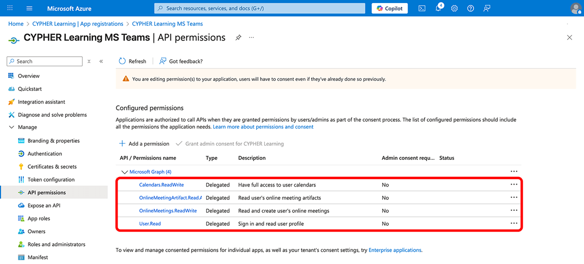 Azure portal, API permissions with the four added delegated permissions highlighted