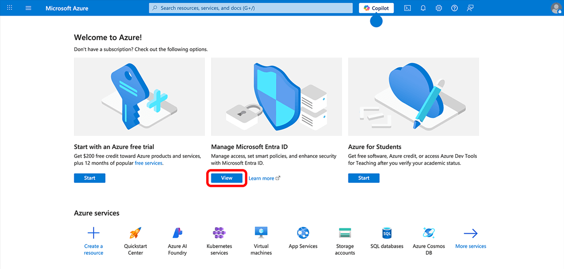Azure portal with the View button highlighted in the Manage Microsoft Entra ID section