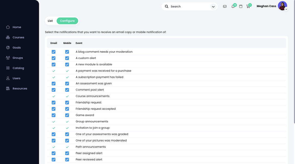 Notifications, Configure page showing Email and Mobile checkboxes