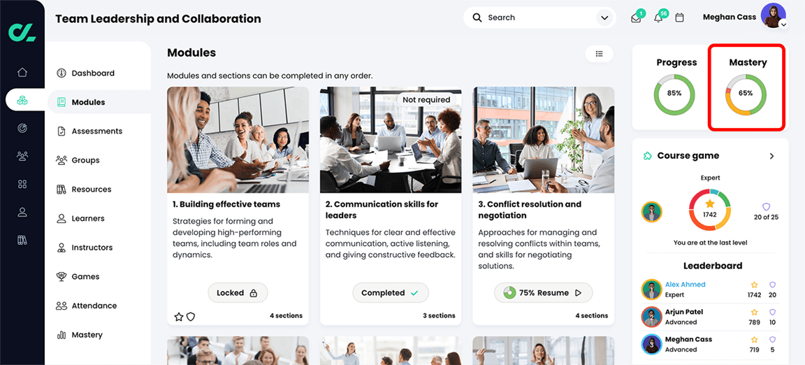 Learner perspective of a course, Modules page with the Mastery widget highlighted