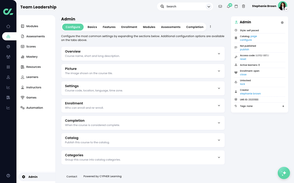 Course, Admin, Configure tab
