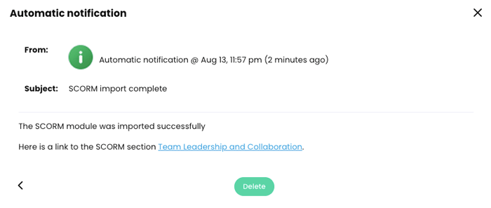 Automatic notification of a successful import of a SCORM module with a link to the SCORM package