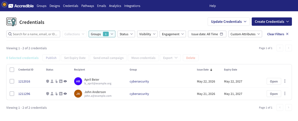Accredible, Group with two Credentials listed