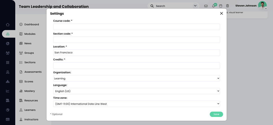 Course, Admin, Basics tab, Settings pop-up