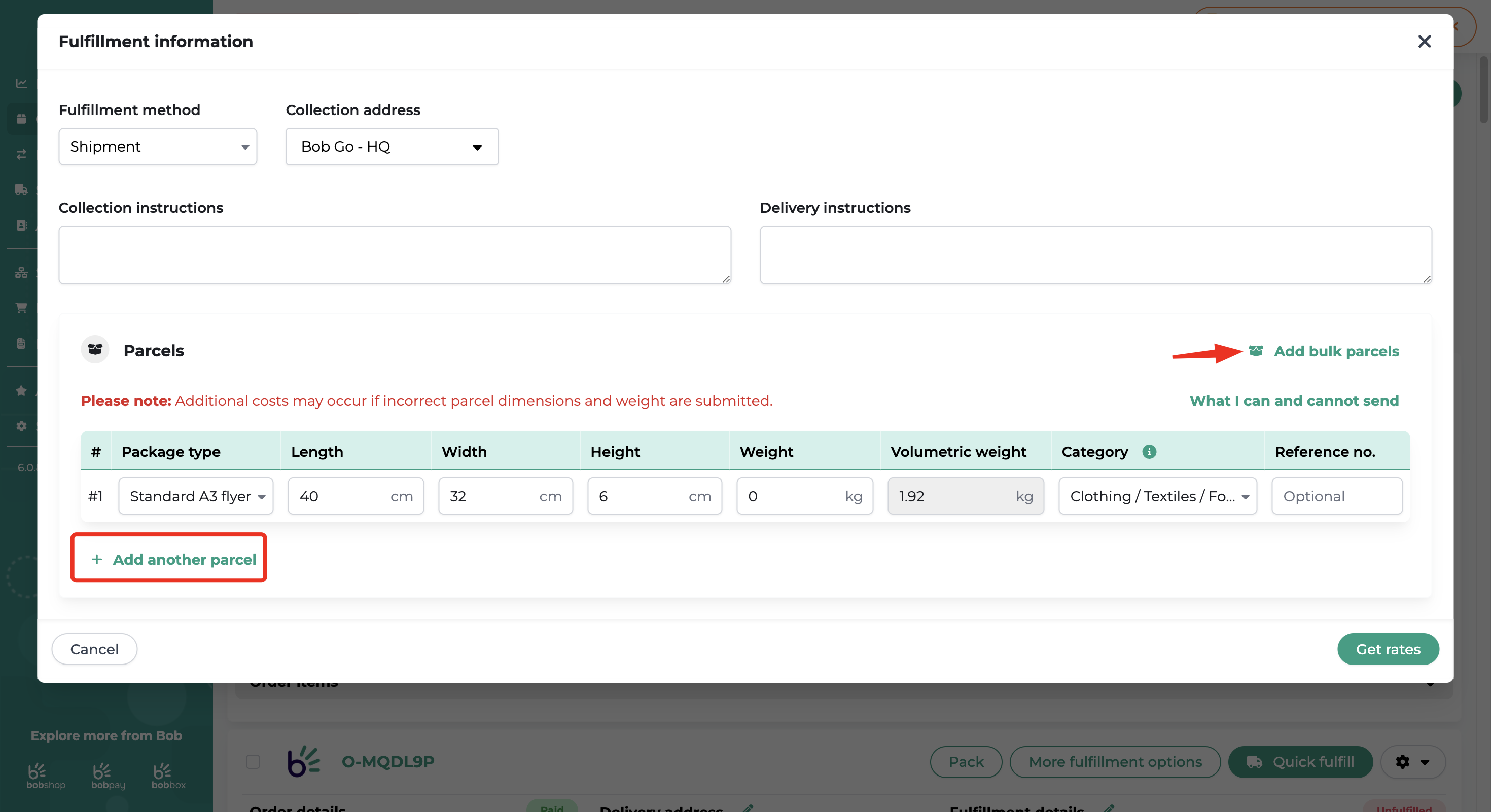Add another parcel or bulk parcels in Bob Go