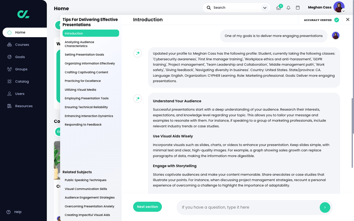 CYHPER Agent updating learner profile to include goals