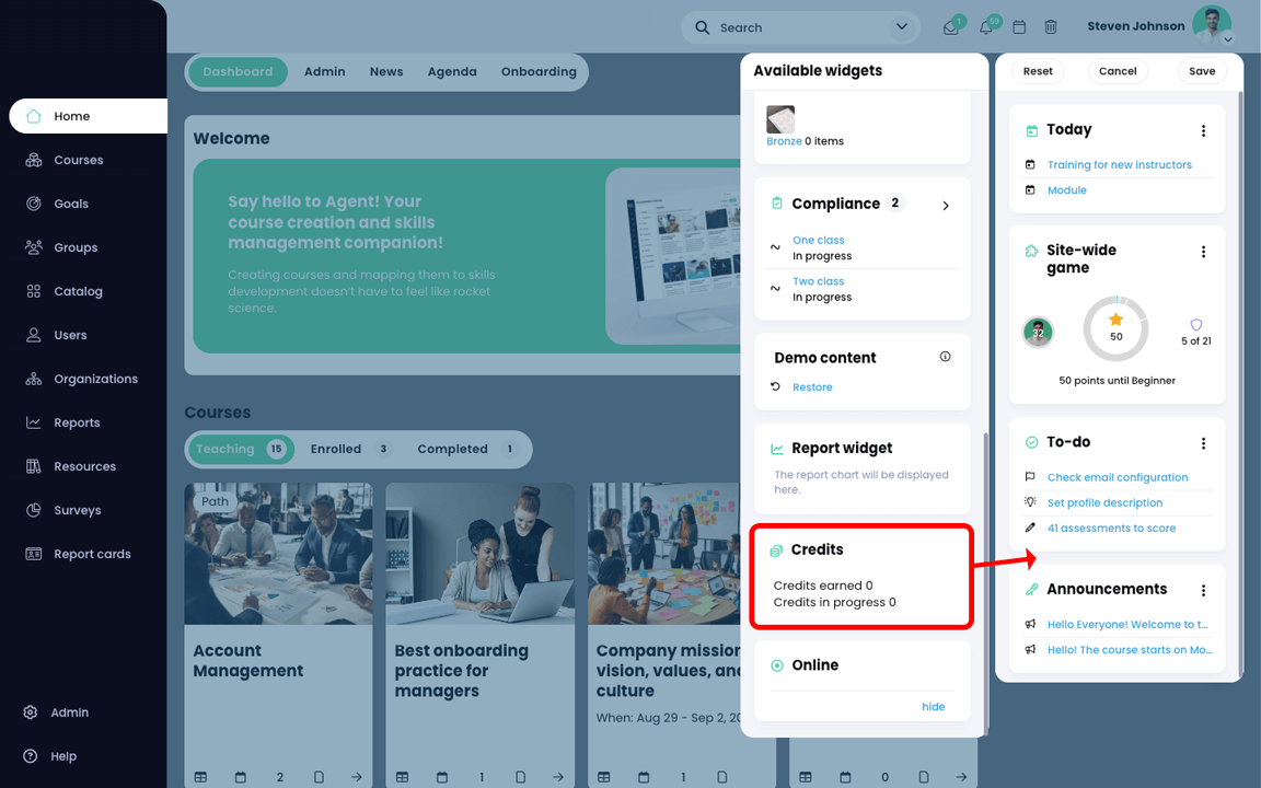 Admin edit widgets columns with the Credits widget highlighted in the Available widgets column and an arrow points at the Widgets column on the right