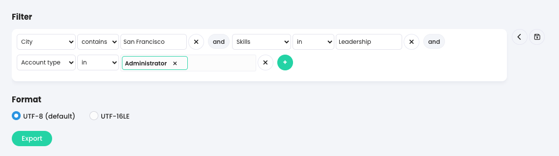 Export, Job titles tab with three filter conditions in the Filter section 