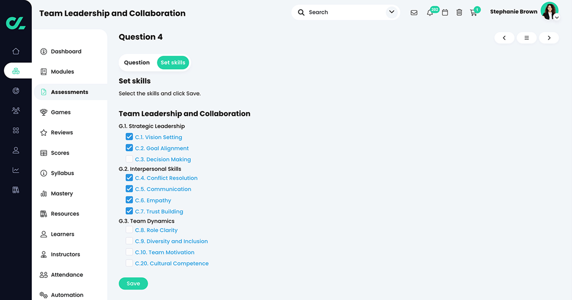 Course, Assessments, Quiz, Question, Set skills tab with skills selected