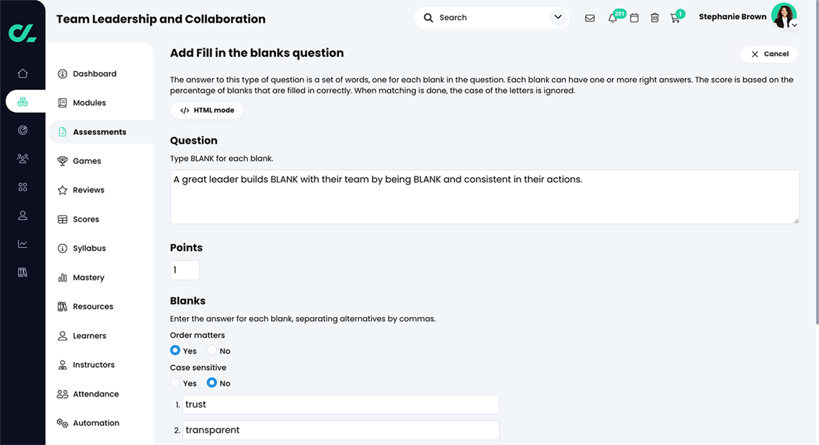 Course, Assessments, Quiz, Add Fill in the blanks question page