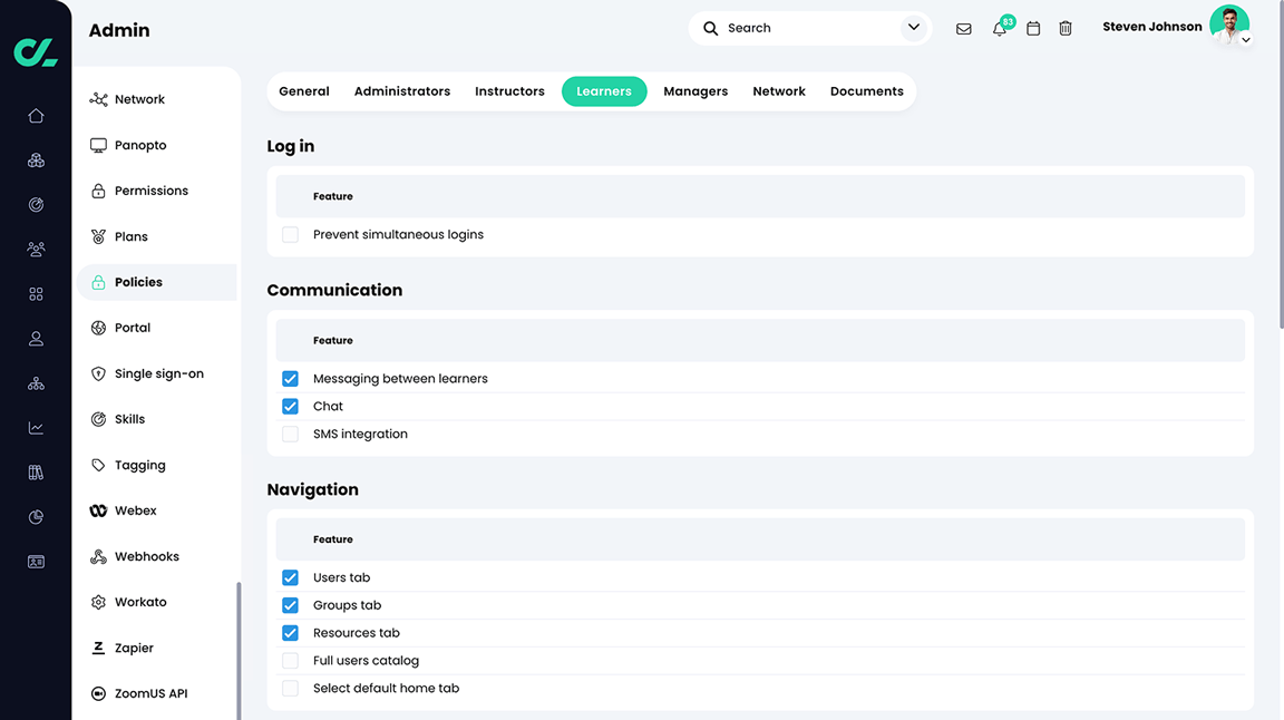 Admin, Policies, Learners tab, Log in, Communication, and Navigation sections