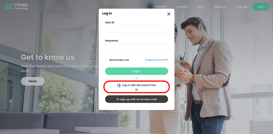 Visitor portal, Log in pop-up with the Log in with Microsoft Entra ID button highlighted