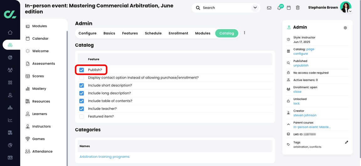 Child course, Admin, Catalog tab with the Publish setting selected and highlighted