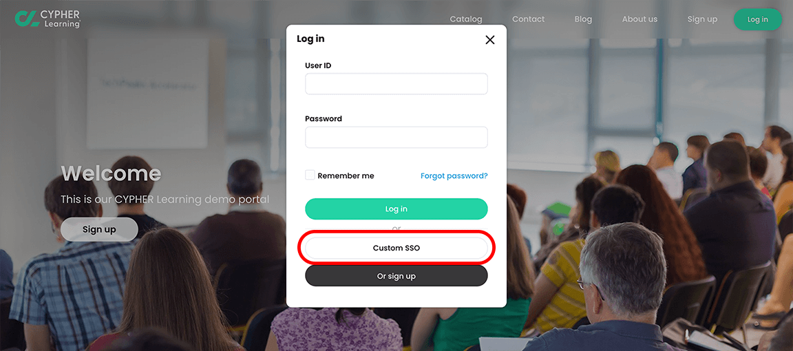 Visitor portal, Log in pop-up with the Custom SSO button highlighted