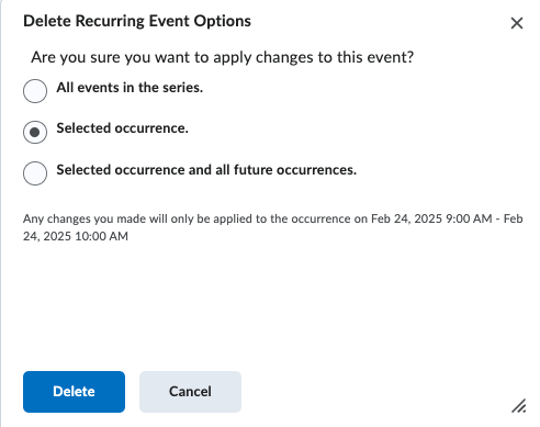 delete a recurring event options to delete just the selected occurrence