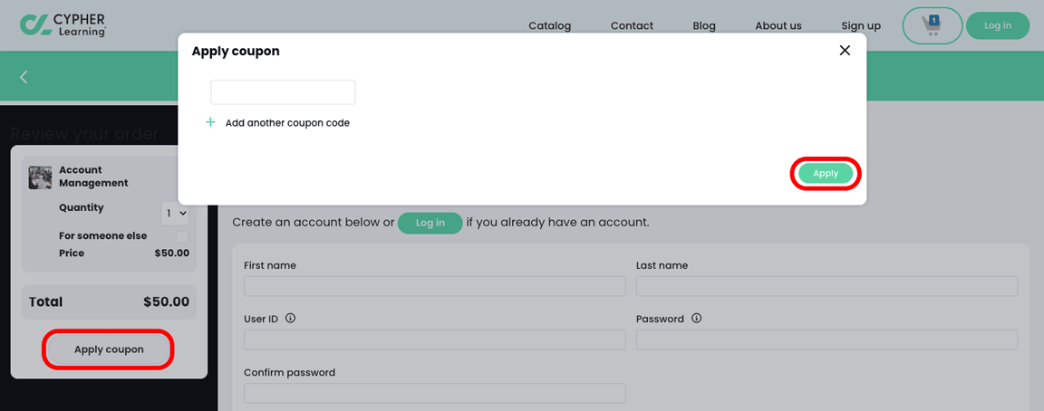 Visitor view, Catalog, Checkout page with the Apply coupon button highlighted, and the Apply coupon pop-up displayed with the Apply button highlighted