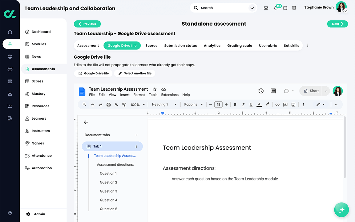 Course, Assessments, Google Drive assessment, Google Drive file tab with an embedded Google Doc assessment
