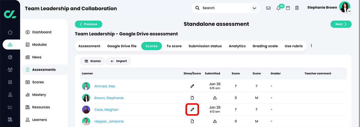 Course, Assessments, Google Drive assessment, Scores tab with the Edit button highlighted for a learner assessment submission
