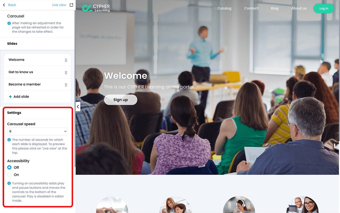 Portal visual editor, Carousel menu with the Settings section highlighted