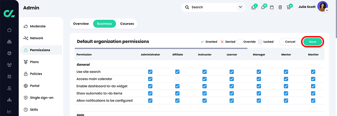 Admin, Permissions, Business tab in Edit mode with the Save button highlighted