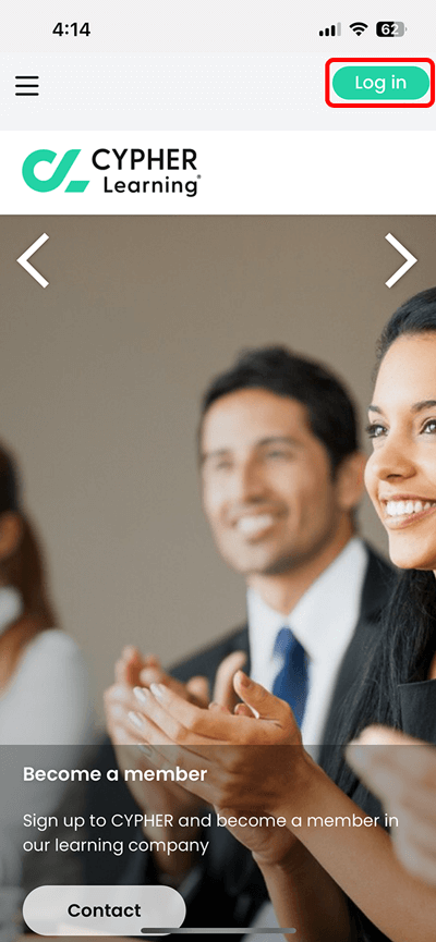 CYPHER Learning app, example platform visitor page with the Log in button highlighted