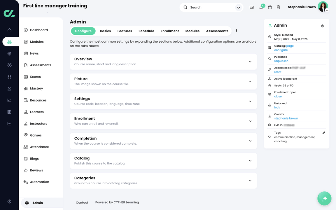 Course, Admin, Configure tab