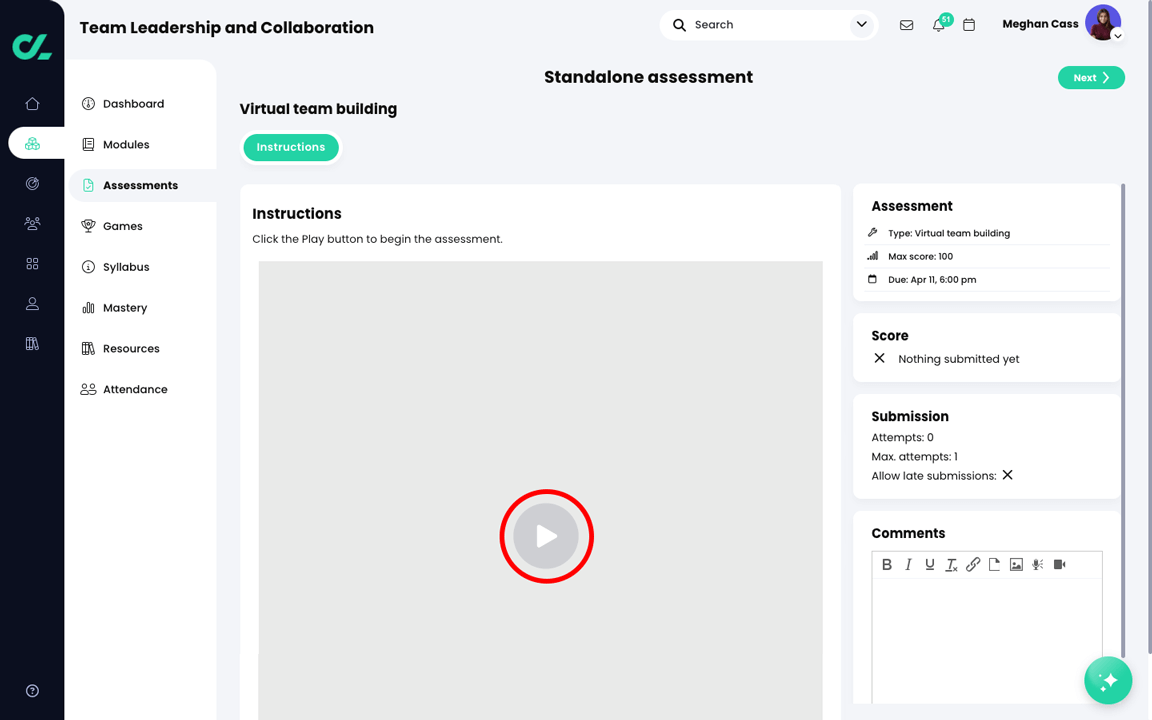 Learner perspective of a course, LTI assessment with an embedded LTI assessment and the Play button highlighted