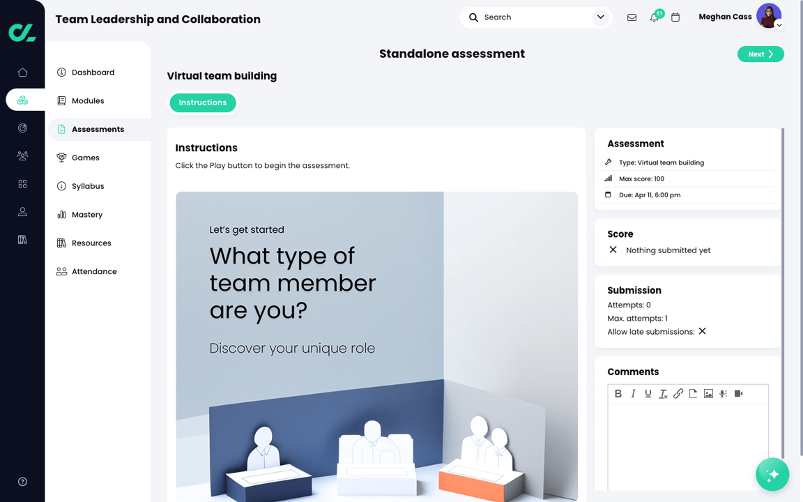 Learner perspective of a course, LTI assessment with an embedded LTI assessment