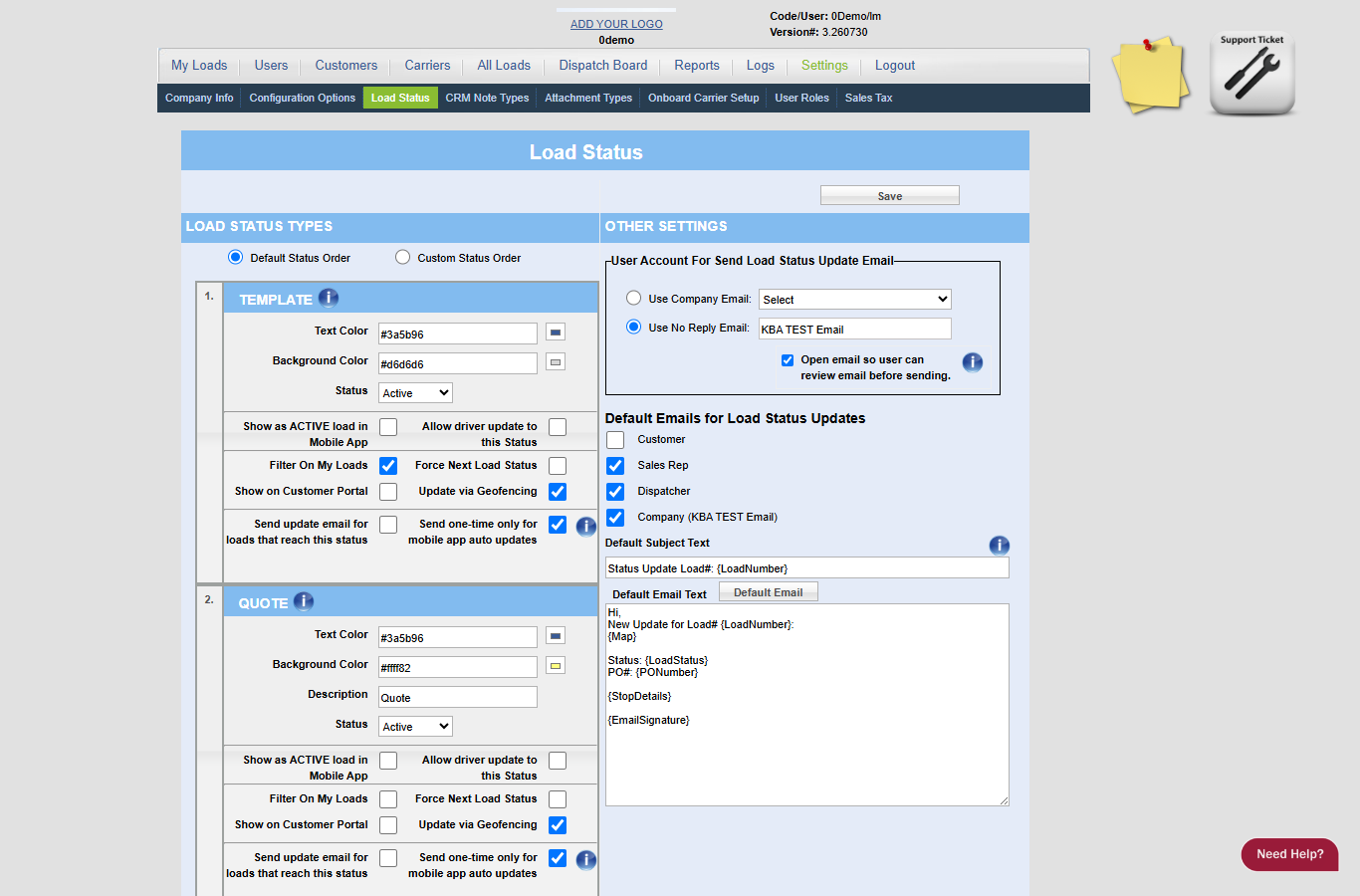 0Demo Load Status setup screen showing status settings and email options