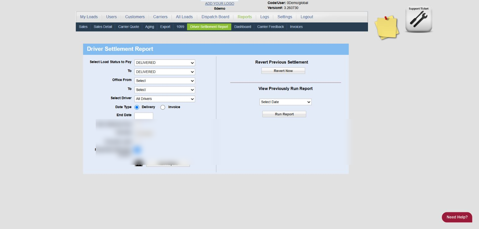 0Demo Driver Settlement Report screen with filters and settlement controls