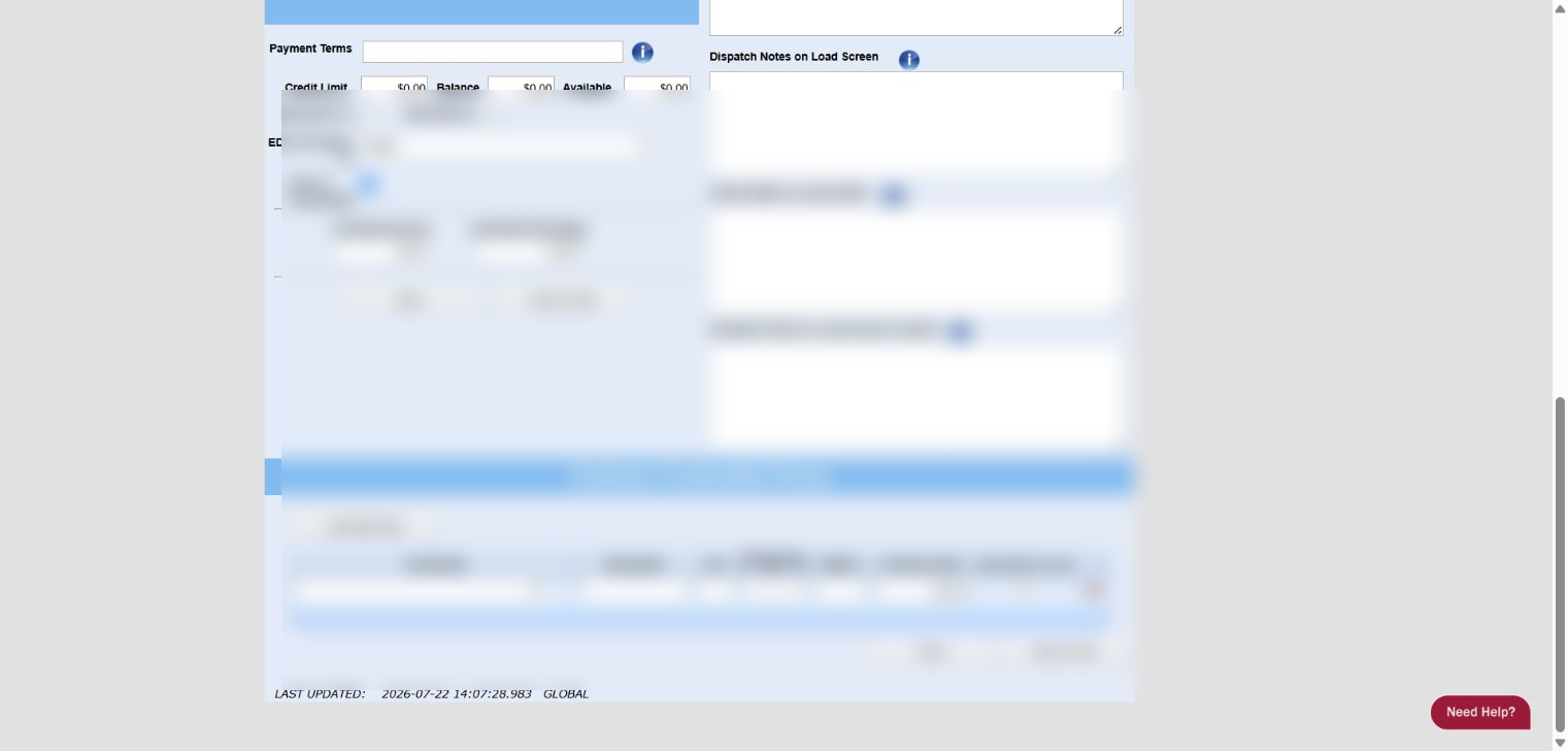 0Demo customer profile lower setup area with EDI-related fields masked