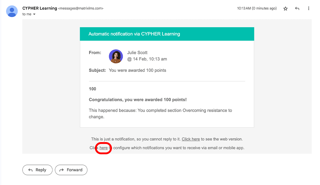 Game award notification email with the link to the Notifications, Configure page highlighted