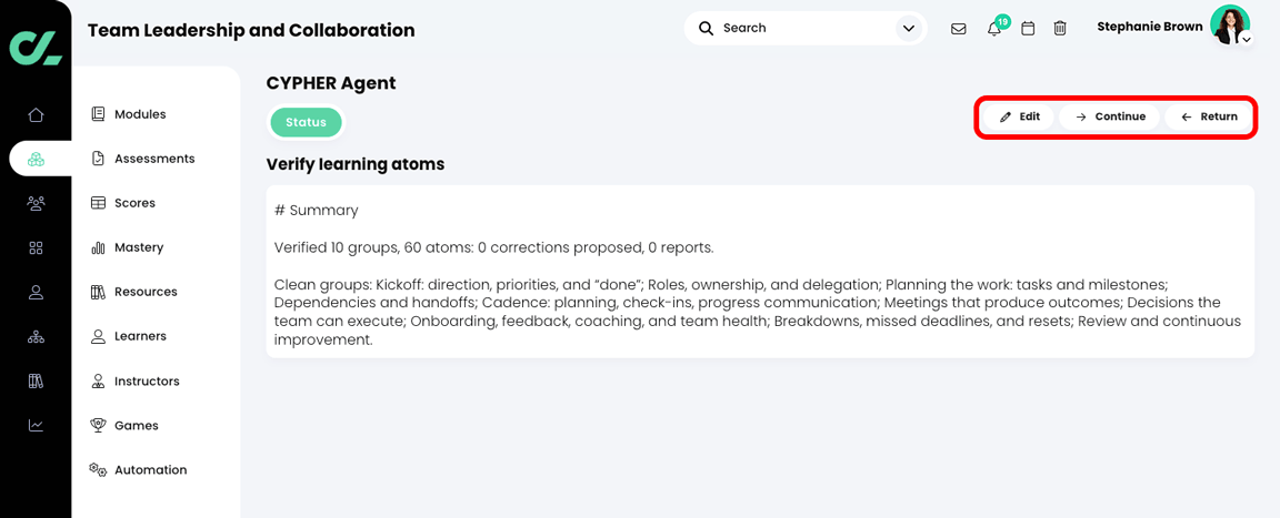 CYPHER Agent Select verify learning atoms Markdown file, with the Edit, Continue, and Return buttons highlighted
