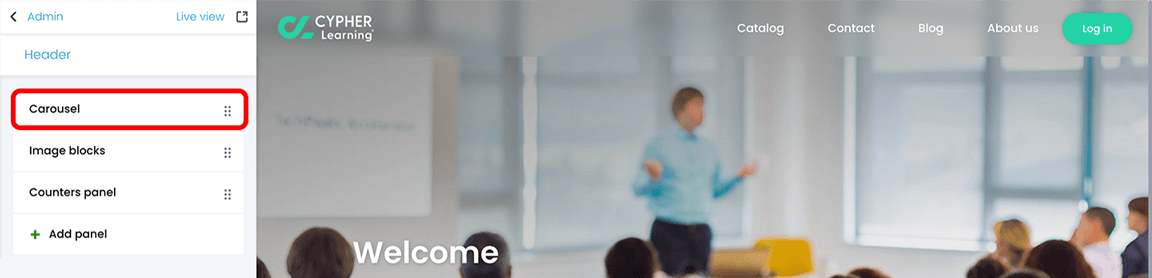 Portal visual editor, with the Carousel portal panel highlighted