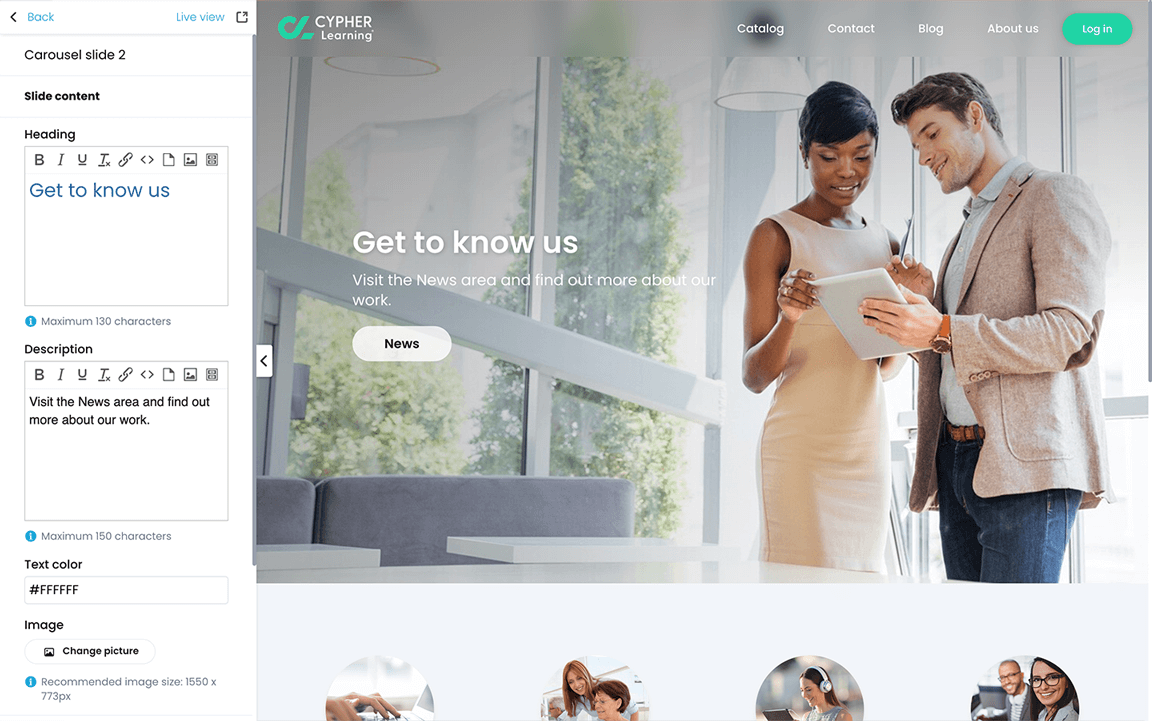 Portal visual editor, Carousel slide editor and preview