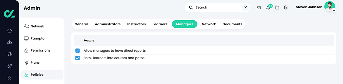 Admin, Policies, Managers tab