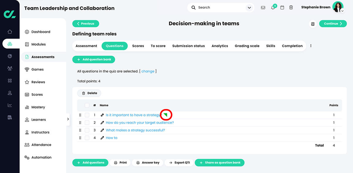 Course, Assessments, Quiz assessment, Questions tab with the green skills tag highlighted