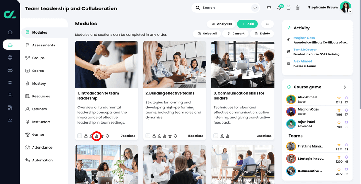 Course, Modules with the Mastery graph icon highlighted on a module tile