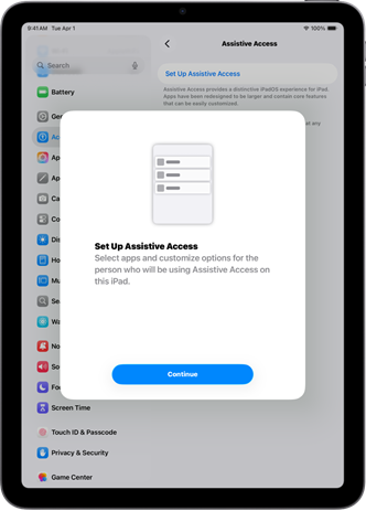 An iPad showing the Assistive Access setup screen with the Continue button at the bottom.