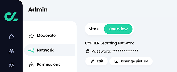 Admin, Network, Overview tab with an example network