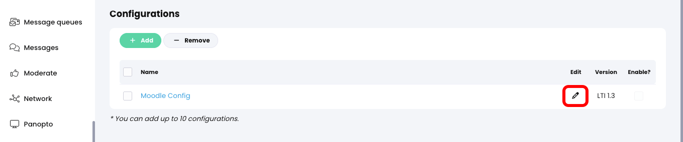 Admin, LTI, Provider tab with the Edit button highlighted for the new configuration in the Configurations section