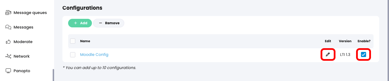 Admin, LTI, Provider tab with the Edit button highlighted and the Enable checkbox selected and highlighted for the new configuration 