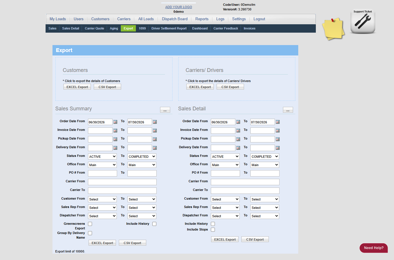 0Demo Reports Export screen showing Excel and CSV export options