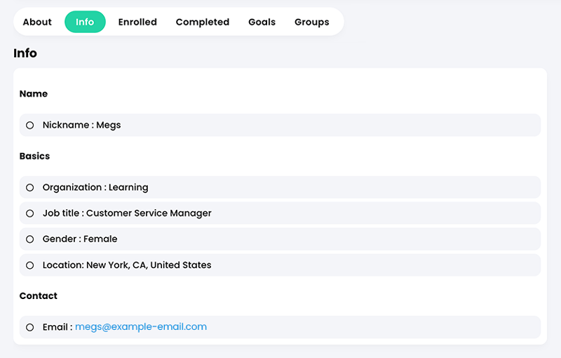 Profile page, Info tab