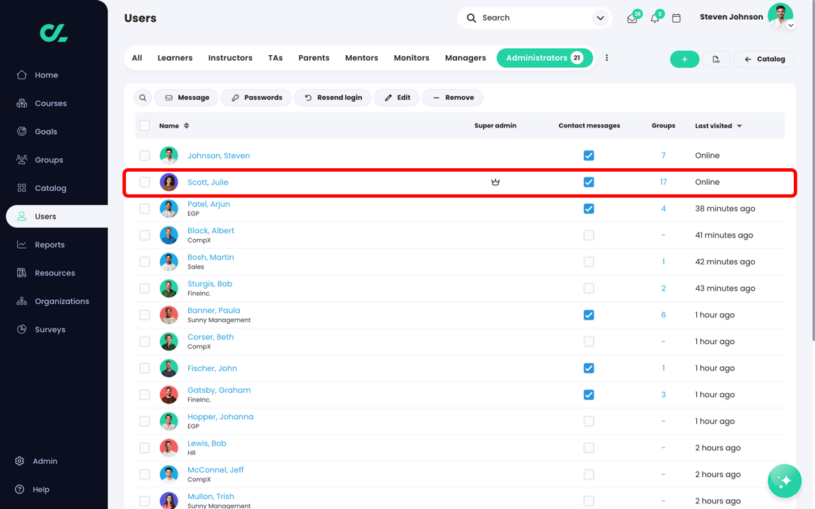 Users, Administrators page showing a single super admin highlighted in the list of users