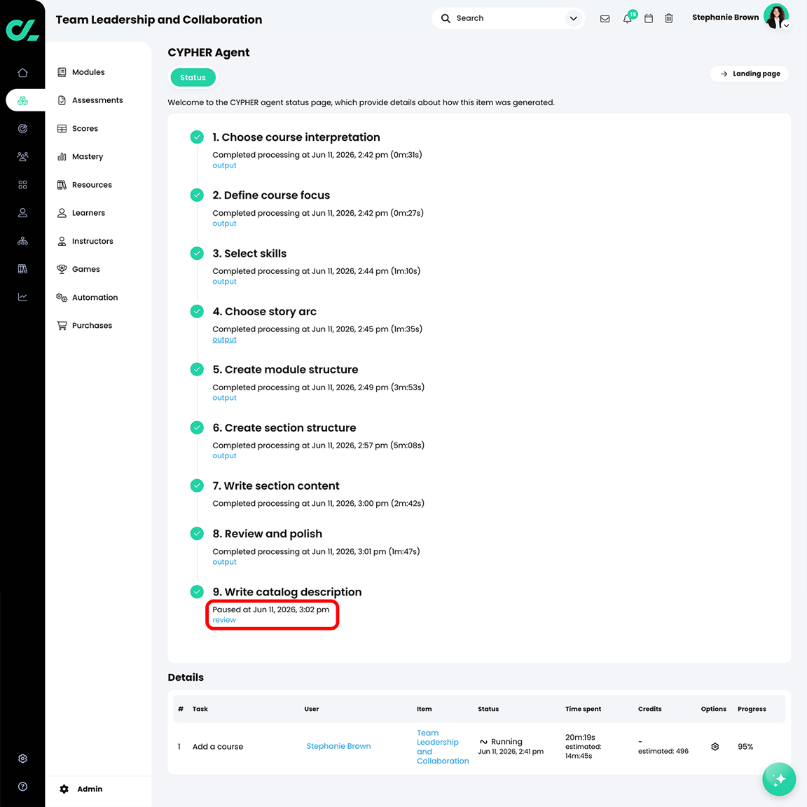 CYPHER Agent status page with the review button highlighted in the Write catalog description section