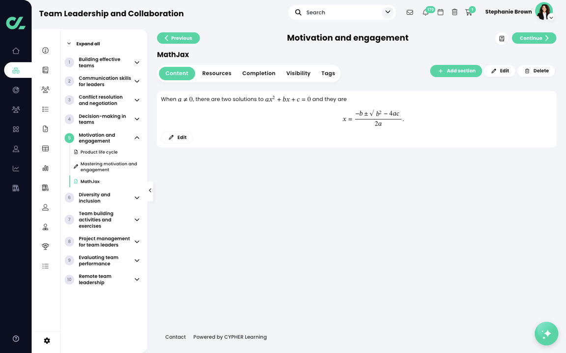 Course, Modules, Page section with text and math displayed as equations